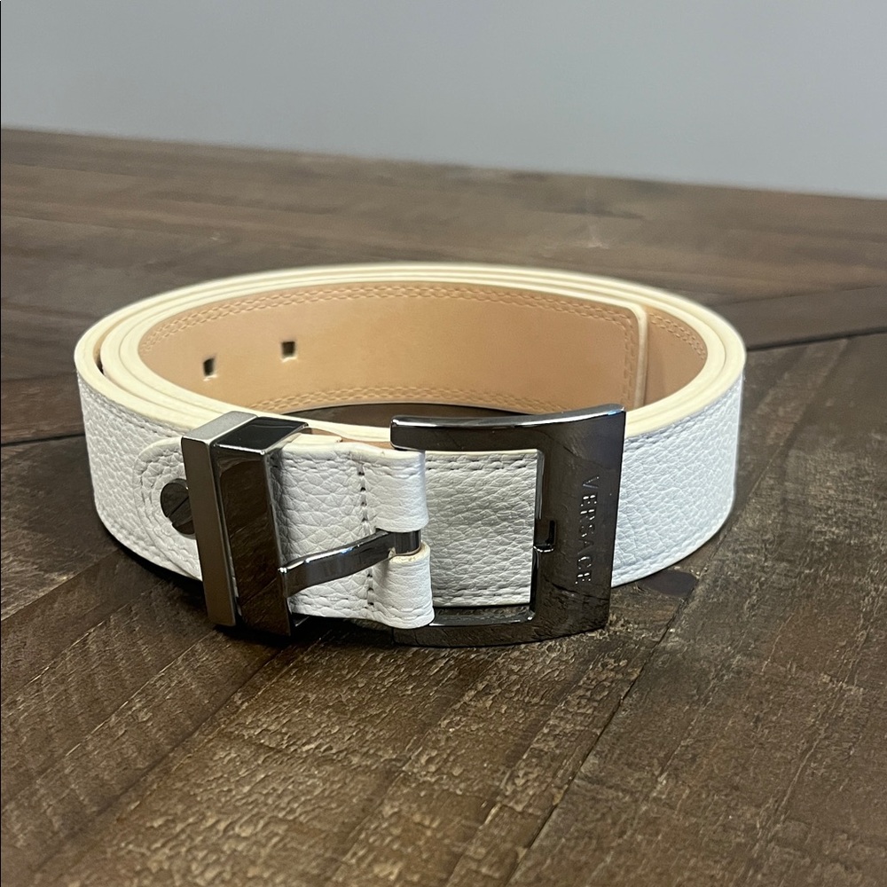 Versace White Textured Belt with Silver Buckle